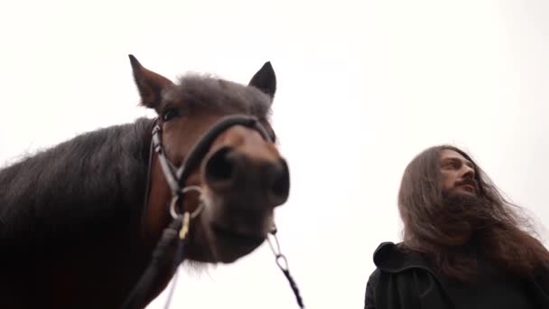 Dramatický záhadný dlouhosrstý muž a kůň, sklopit pohled proti obloze — Stock video