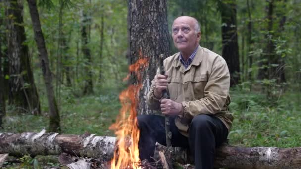 A pensive old traveler is sitting alone in the forest next to a campfire and warming himself — Stockvideo