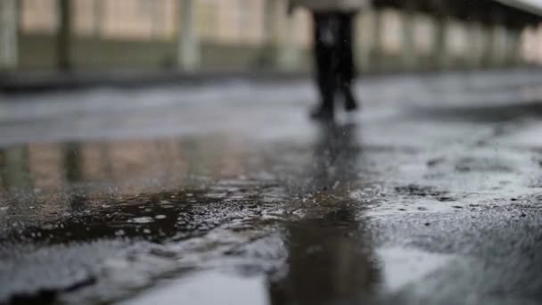 Regn i staden, närbild av droppar faller på asfalt, suddig silhuett av person i bakgrunden — Stockvideo