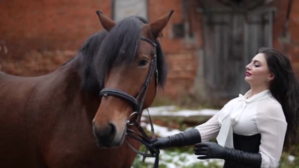 Charmig kvinna håller tyglar av lugn häst i landet mot gamla röda tegel byggnad — Stockvideo
