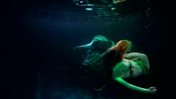 Мифология о подводном мире и тайне океана, русалка или ундин плавает в одиночестве — стоковое видео
