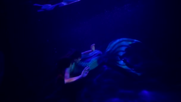 Enigmática silueta de sirena de cuento de hadas en el fondo del océano, increíble ninfa de agua — Vídeo de stock