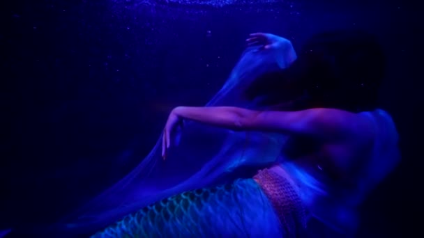 Artystyczne i tajemnicze podwodne ujęcie z bajkową nimfą wodną, kobieta z rybim ogonem — Wideo stockowe