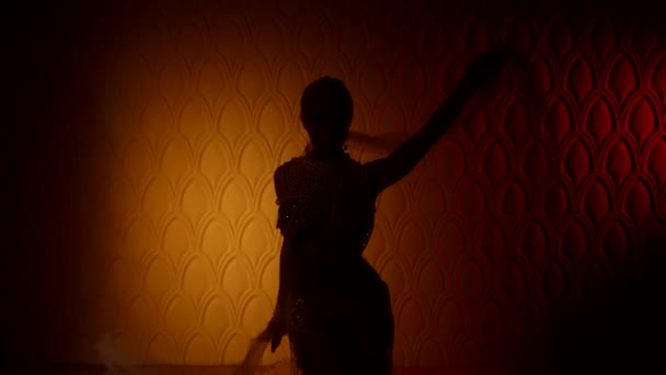 Gece saraydaki kraliyet hareminde dans eden egzotik dansçının karanlık silueti. — Stok video