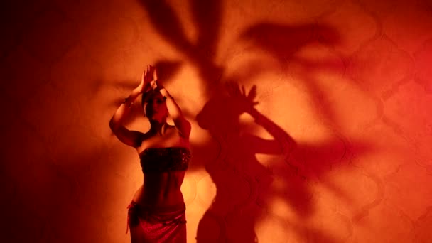 Ohromující arabská tanečnice se pohybuje pomalu a svůdně v harému, tance a pokušení — Stock video