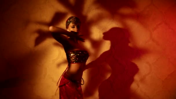 Femme sexy en robe indienne pour la danse du ventre est tourbillonnant et dansant, figure féminine séduisante — Video