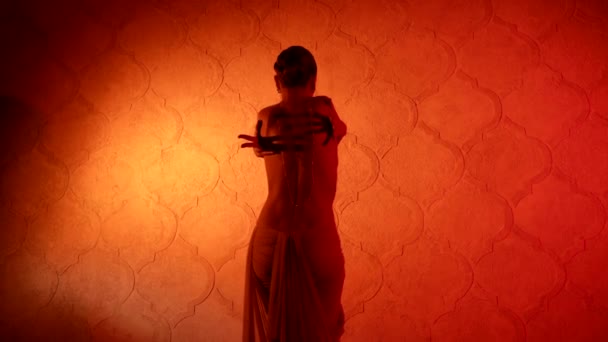 Danseuse énigmatique de style oriental, vue arrière sur dame à moitié nue dansant — Video