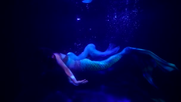 Verbluffende onderwaterwereld van oceaan of magisch meer, zeemeermin of sirene zwemt in donkerblauwe diepte — Stockvideo