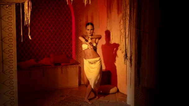 Mujer belleza oriental está bailando en la noche, danza del vientre exótica, la sexualidad y la feminidad — Vídeo de stock
