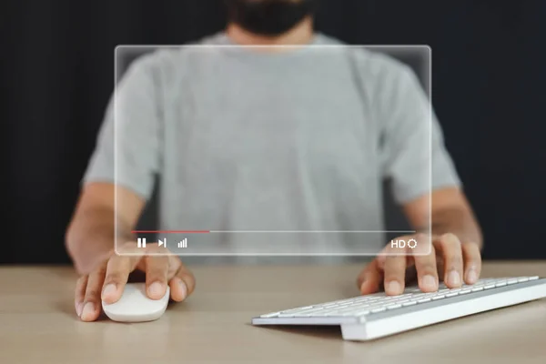 Man Using Mouse Keyboard Computer Virtual Screen Watch Videos Online — Stockfoto