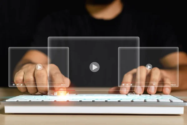 Man Using Mouse Keyboard Computer Virtual Screen Watch Videos Online — Stok fotoğraf