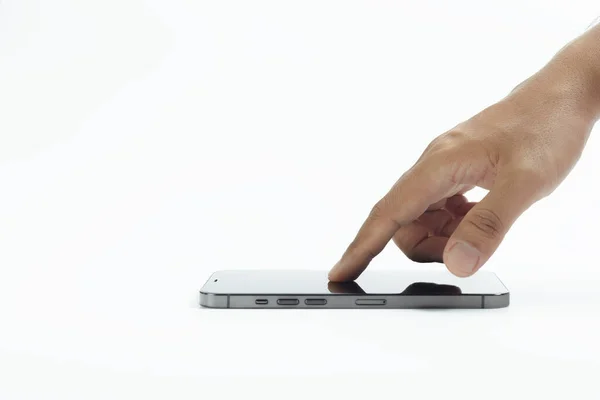 Hand Finger Vidröra Smartphone Skärm Vit Bakgrund Digital Mobil Affärsverksamhet — Stockfoto