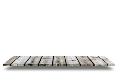 Wooden empty shelves isolated on white background. Mockup product design. Blank space perspective.