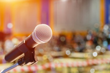 microphone in event meeting conference. presentation public, studio broadcast. mic speech conference for talk on podium in seminar room.