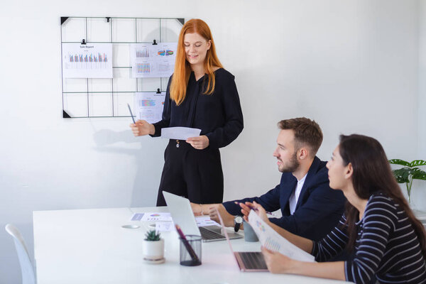 Businesspeople reading reports of workers in office. Teamwork business professional success online startup planning. brainstorming  meeting in workplace.