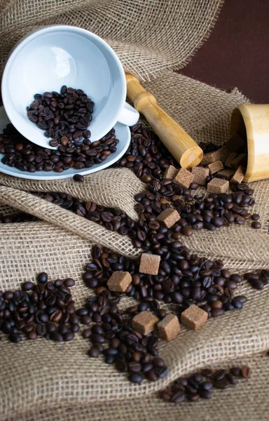 Coffee Cup Coffee Beans Sugar Cubes Burlap Imagen De Stock