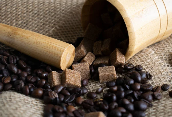 Coffee Beans Sugar Cubes Burlap Лицензионные Стоковые Изображения