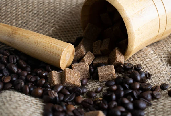 Coffee Beans Sugar Cubes Burlap Obrazy Stockowe bez tantiem