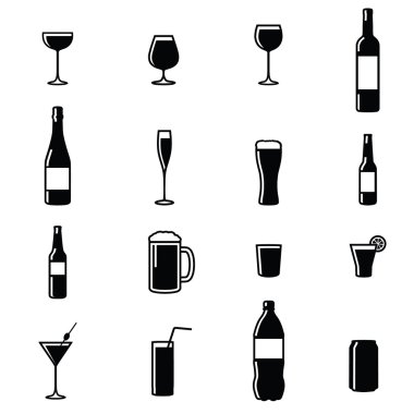 Set Of Sixteen Drinks Black & White Silhouette Vector Illustrations clipart