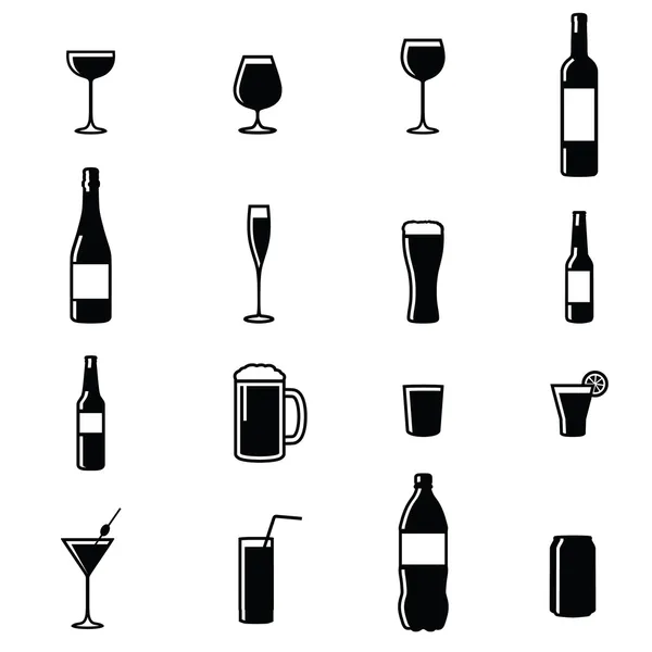 Set de Dieciséis Bebidas Silueta en Blanco y Negro Vector Illustrations — Archivo Imágenes Vectoriales