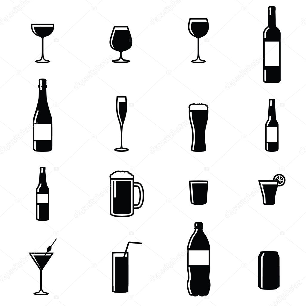 Set Of Sixteen Drinks Black & White Silhouette Vector Illustrations