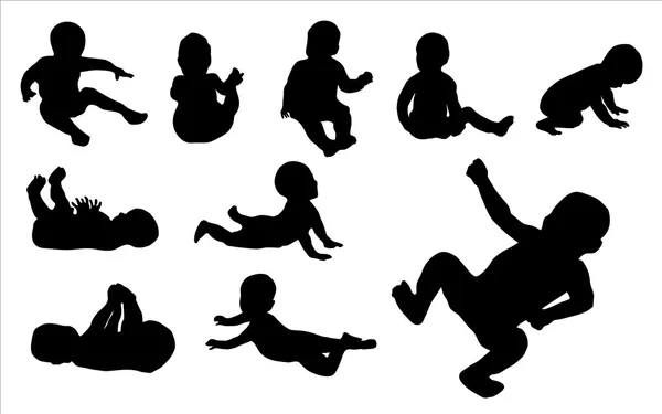 Set van tien zwarte baby silhouet vectorillustraties — Stockvector