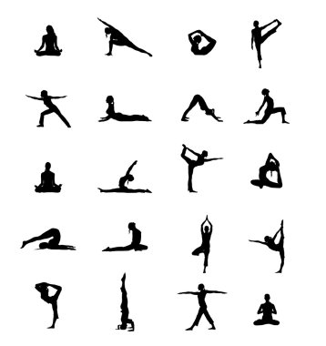 20 yoga pozisyonları siyah vektör siluetleri çizim seti