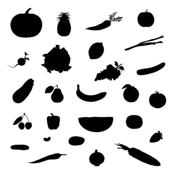 Set Of Vector Illustration Fruit And Vegetable Black Silhouettes — Stock Vector