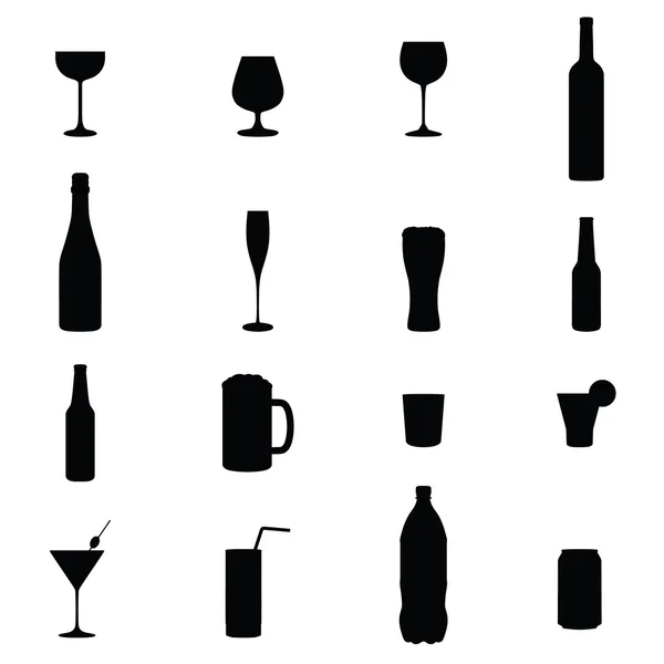 Set Of Sixteen Drinks Black Silhouette Vector Illustrations - Stok Vektor