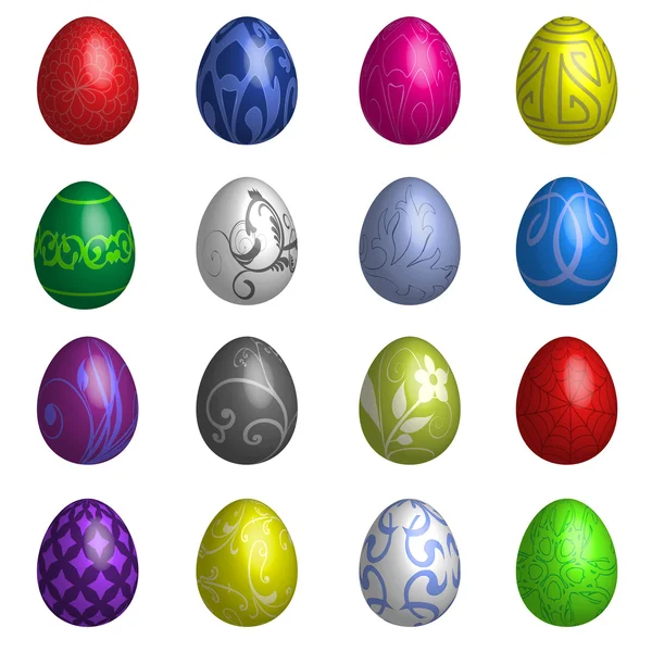 Ensemble de seize oeufs de Pâques de couleur avec différents ornements — Image vectorielle