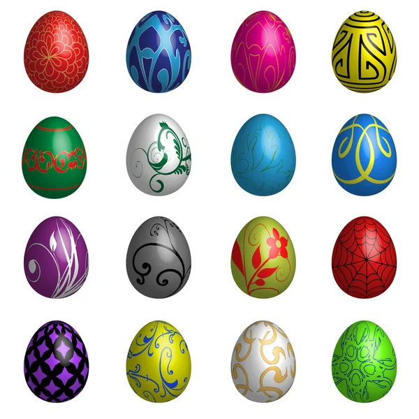 Instellen van de zestien kleur Pasen eieren met verschillende ornamenten — Stockvector