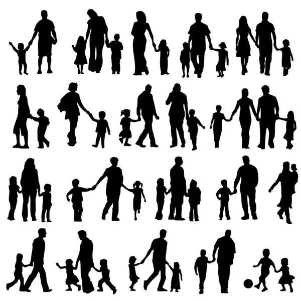 Satz schwarzer Silhouetten Illustration von Eltern mit Kindern — Stockvektor