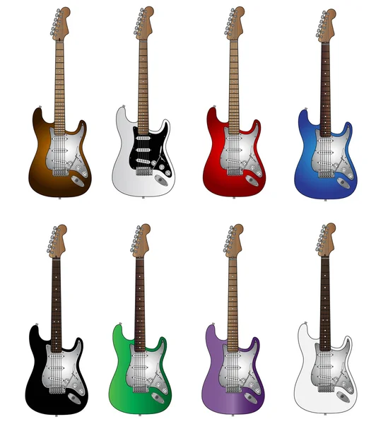 Set Of Eight Basic Colours Electric Guitars — Stock Vector