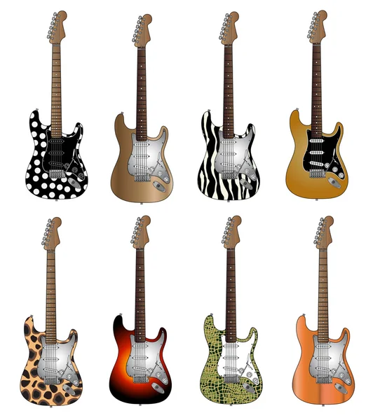 Set Of Eight Deluxe Colour Electric Guitars Vector Illustration — Stock Vector