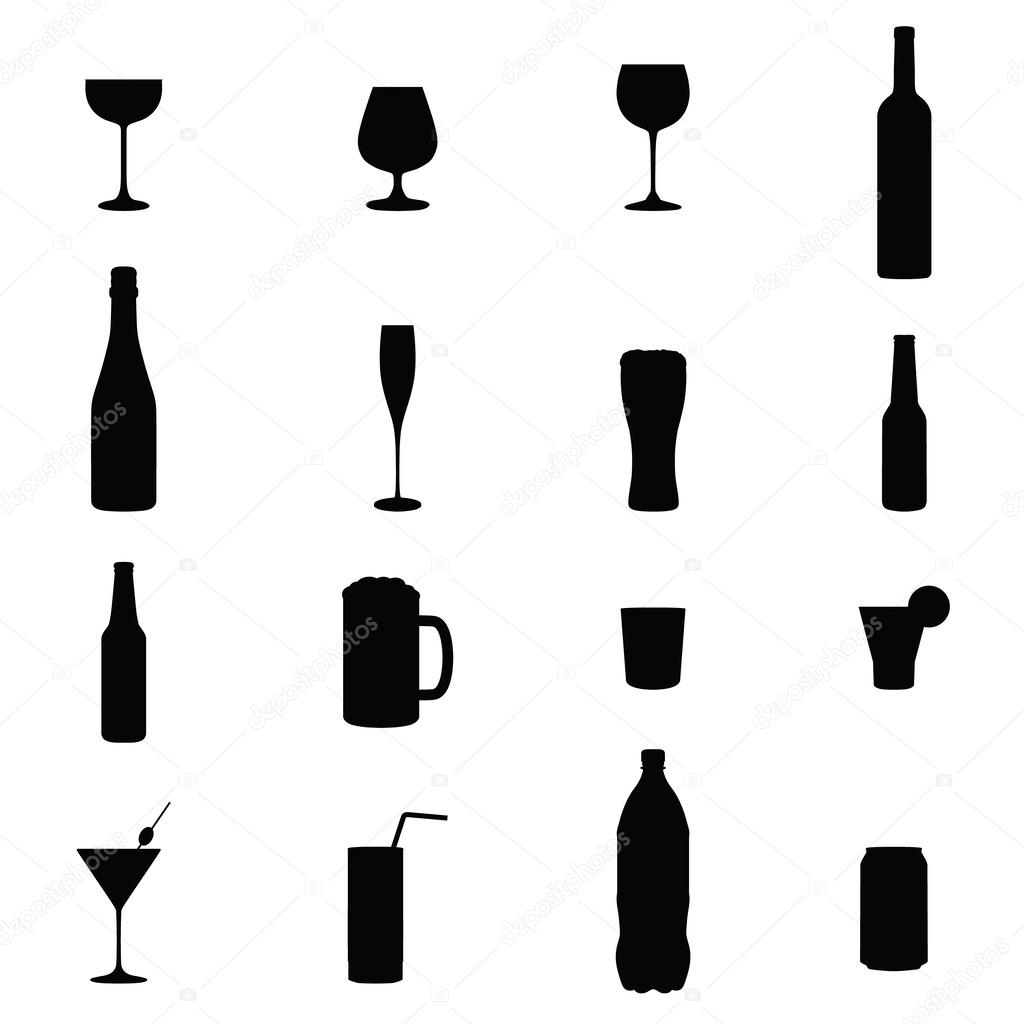 Set Of Sixteen Drinks Black Silhouette Vector Illustrations