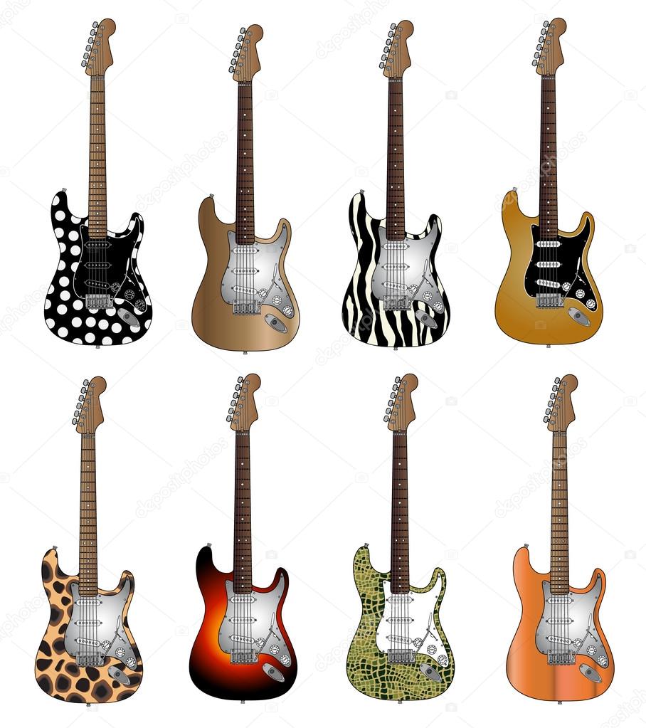 Set Of Eight Deluxe Colour Electric Guitars Vector Illustration