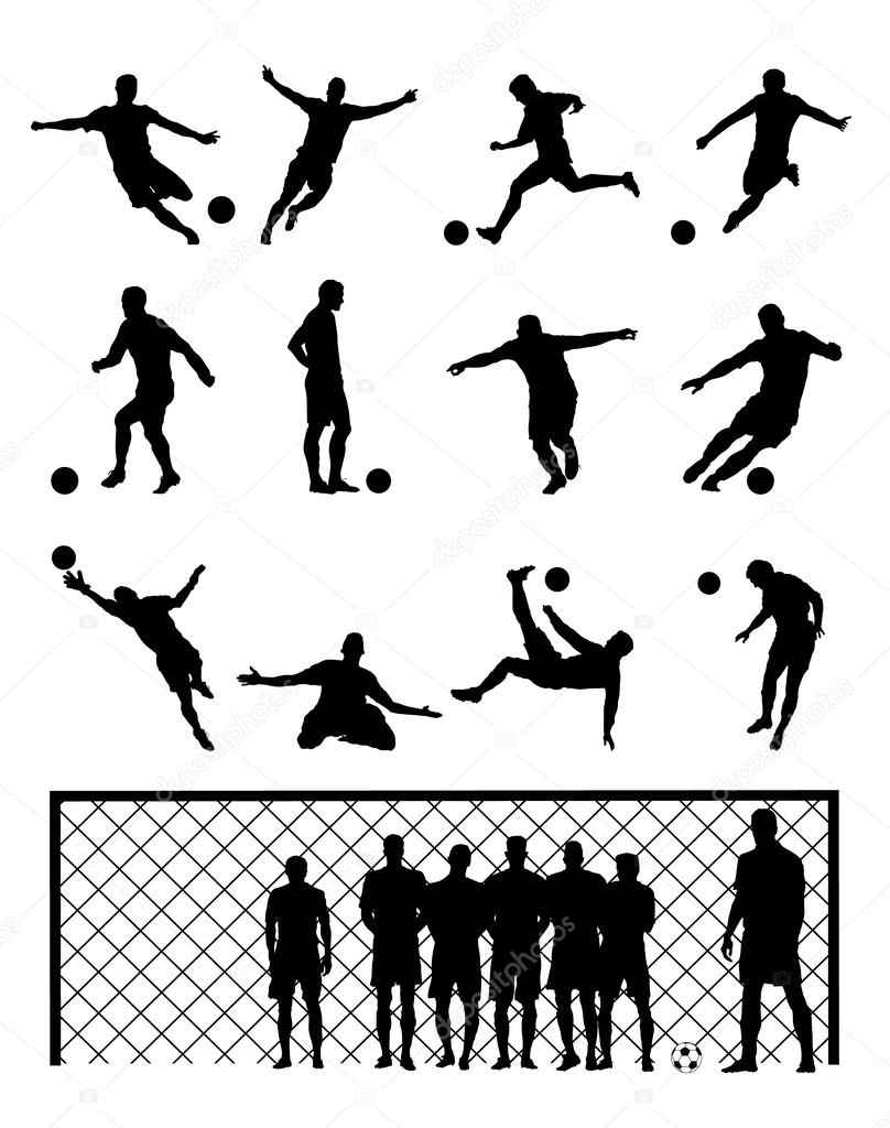 Set Of Soccer Player Football Black Vector Illustrations