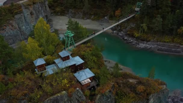 Cultural monument and churches on Patmos island on Katun river in Altai. Top point from the drone — Stock Video