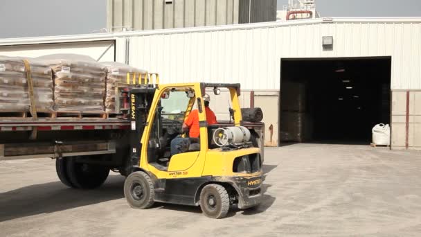 Forklift drives into warehouse — Stock Video