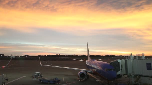 Самолет у ворот, восход солнца . — стоковое видео