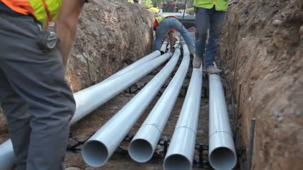 Construction trench with pipes. — Stock Video