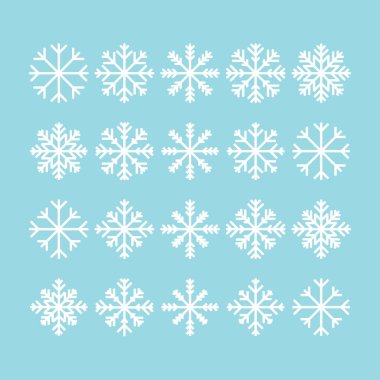 Yuvarlak ve kare simgelerden oluşan kar taneleri siluetleri. Yeni yıl havası düz..