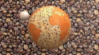 Arap ve kahverengi robusta kavrulmuş kahve çekirdekleri soyut arka plan animasyonu, aromatik espresso ve sabah kapuçinosu dikişsiz canlandırma, dönen dünya gezegeni ve dünya küre konsepti.