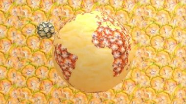 Tropik, egzotik, tatlı, tatlı, sulu ananas, soyut sanat arka planı, olgun, Hawai lezzetsiz, dikişsiz, üç boyutlu canlandırma, dönen dünya gezegeni ve dünya küresi kavramı..