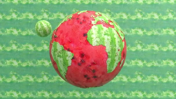 新鮮なジューシーな熟したおいしいスイカの果実の動きの背景 ベジタリアン食の甘いデザートシームレスなループ抽象芸術 回転地球惑星と世界の概念グラフィックデザイン 3Dアニメーション — ストック動画