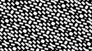 Geometrik hareket eden siyah-beyaz tek renkli psikedelik desen, kare dikişsiz döngü arka plan, tuğlalı ve bloklu şık süs.