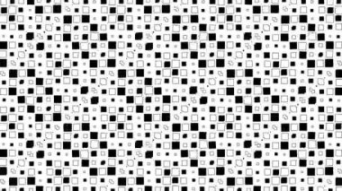 Geometrik hareket eden siyah-beyaz tek renkli psikedelik desen, kare dikişsiz döngü arka plan, mozaikli şık süs.