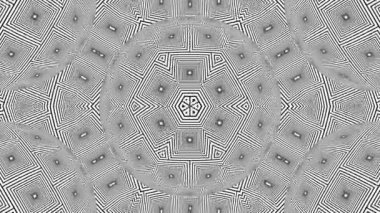 Geometrik desenli siyah beyaz tek renkli optik illüzyon, sürreal hipnotik dikişsiz döngü hareketli arka plan, psikedelik moda dekoratif gerçek dışı illüzyon 3d canlandırmalı animasyon.