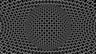 Geometrik desenli siyah beyaz tek renkli optik illüzyon, sürreal hipnotik dikişsiz döngü hareketli arka plan, psikedelik moda dekoratif gerçek dışı illüzyon 3d canlandırmalı animasyon.
