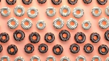 Çikolata kaplı tatlı çörekler, beyaz şekerli çörekler, lezzetli sağlıksız tatlı tatlılar animasyon arka plan, 3 boyutlu soyut sanat, donut ulusal gün, gurme yemek grafik tasarımı.